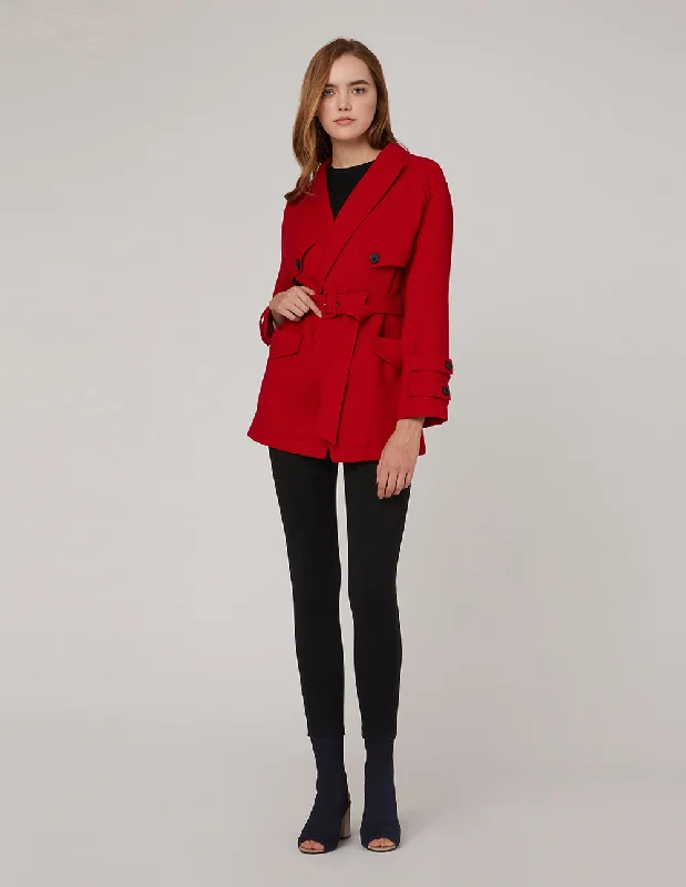 MARYLING PEAK-LAPEL DOUBLE-BREASTED SELF BELT COAT Three-Quarter Sleeve Elbow Sleeve Wrist Sleeve