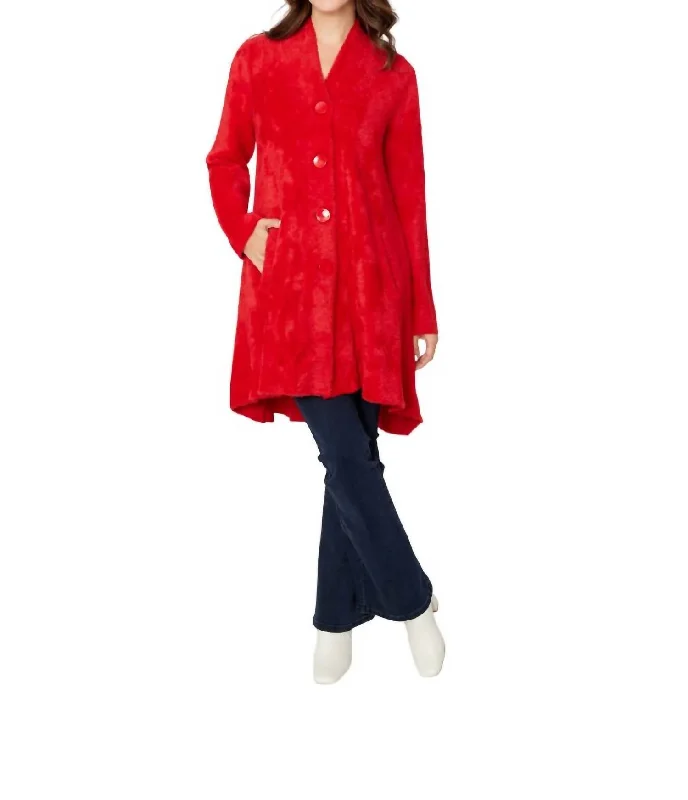 Fuzzy Loose Coat In Red Denim Leather Suede