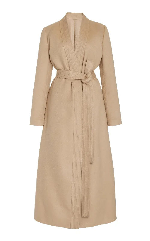 Devon Wrap Coat in Camel Winter Silk Crew Neck V-Neck Boat Neck