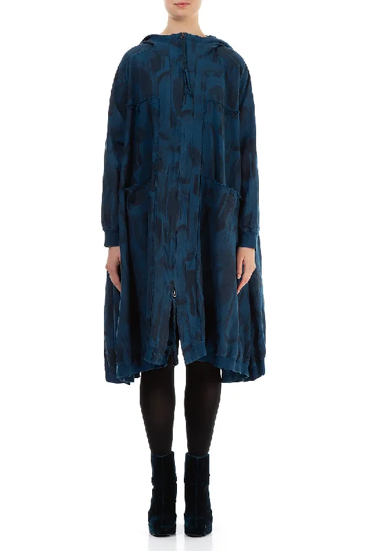 Oversized Navy Paintwave Cotton Swing Coat Trench Raincoat Windbreaker