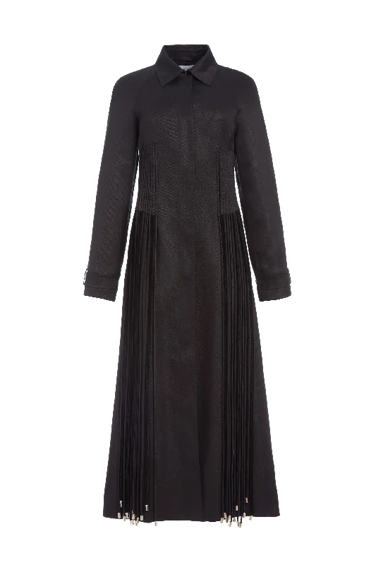 Torres Fringe Coat in Black Textured Linen Trench Raincoat Windbreaker