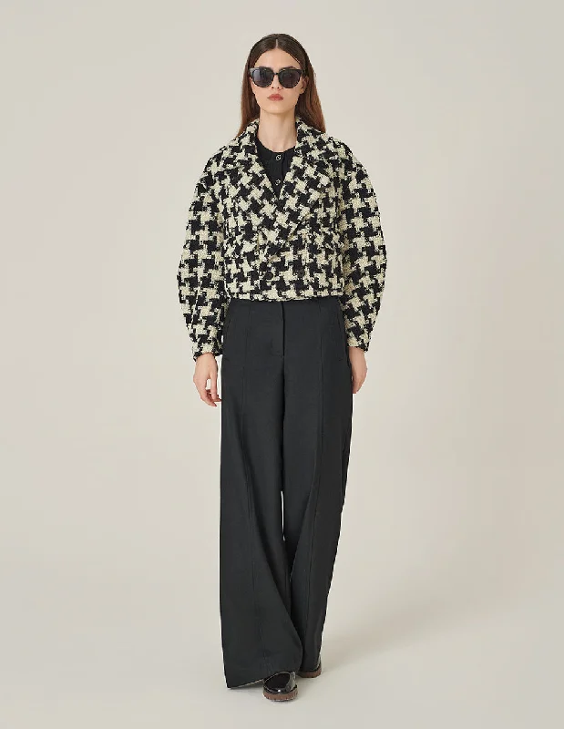 MARYLING Lapel Long-Sleeve H-Shaped Houndstooth Cropped Coat Lapel Coat Peter Pan Collar Coat Cowl Neck Coat