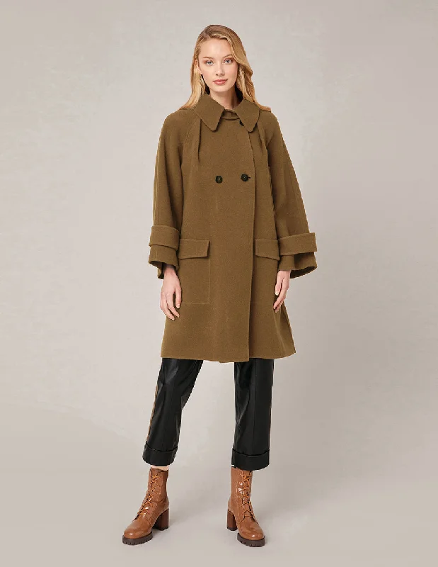 MARYLING SPREAD COLLAR REGLAN SLEEVE A-LINE COAT Elasticated Drawstring Belted