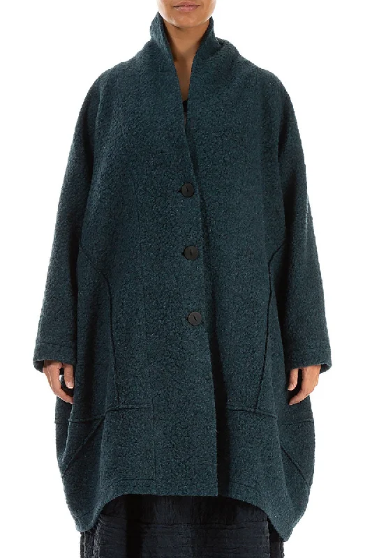 Balloon Teal Plush Wool Cotton Coat Hook-and-Loop Buckled Tied