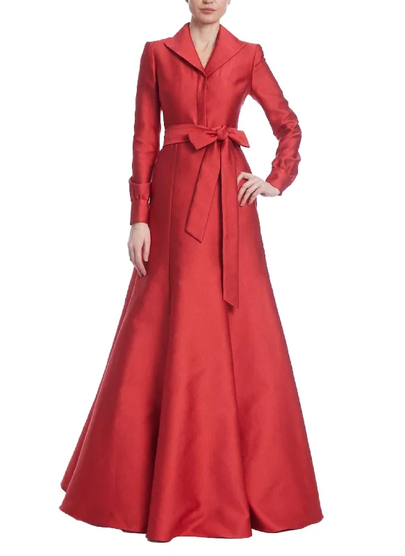 Luxe Coat Dress Gown In Red Appliqued Beaded Sequined