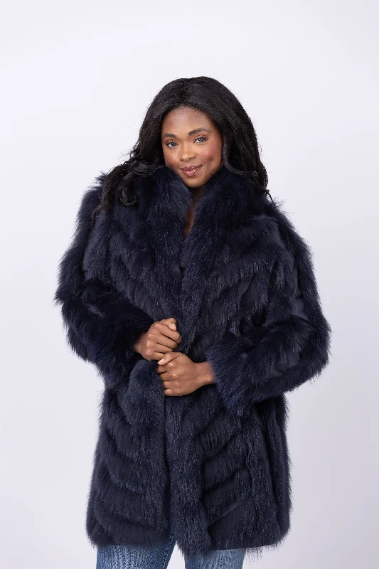 Linda Richards 35” Genuine Fox Fur Reversible Coat in Navy Rayon Velvet Corduroy