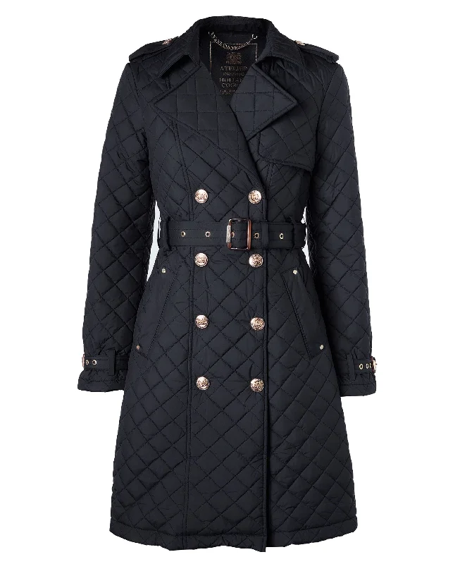 Enstone Quilted Trench Coat - Black Gold Faux Fur Real Fur Shearling