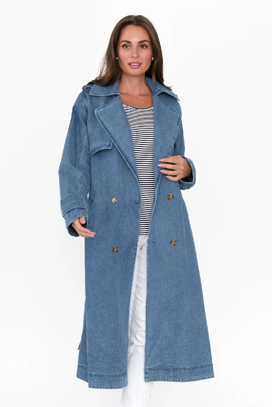 Elsie Mid Blue Denim Trench Coat Wool Cashmere Tweed