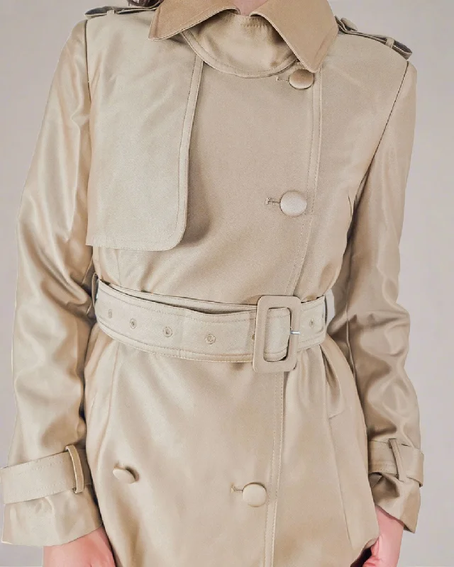 Elora Women Double Breasted Long Trench Coat in Beige Buttoned Zippered Snapped