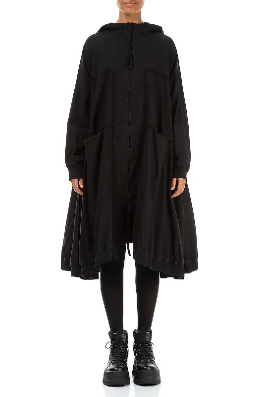 Oversized Black Cotton Swing Coat Collared Crew Neck Turtle Neck