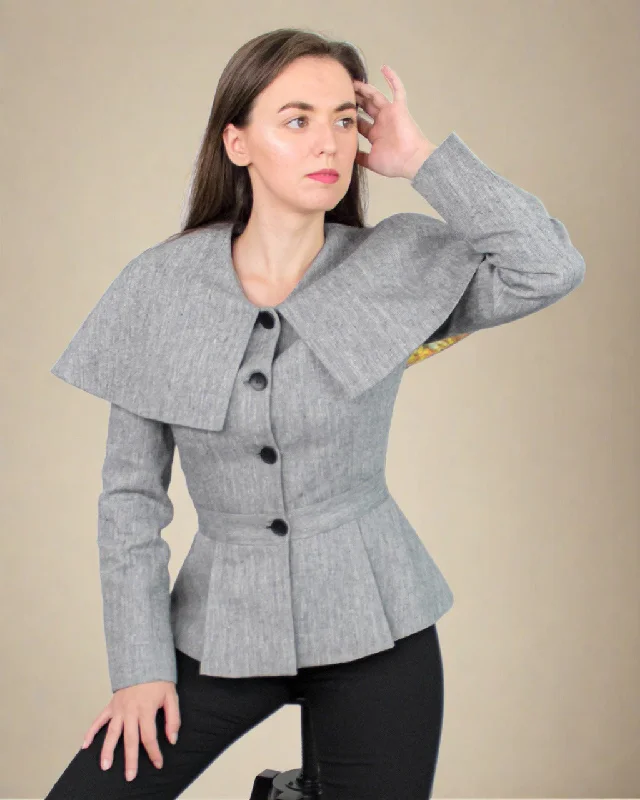 Abbe Short Grey Coat with Cape Herringbone Houndstooth Plaid