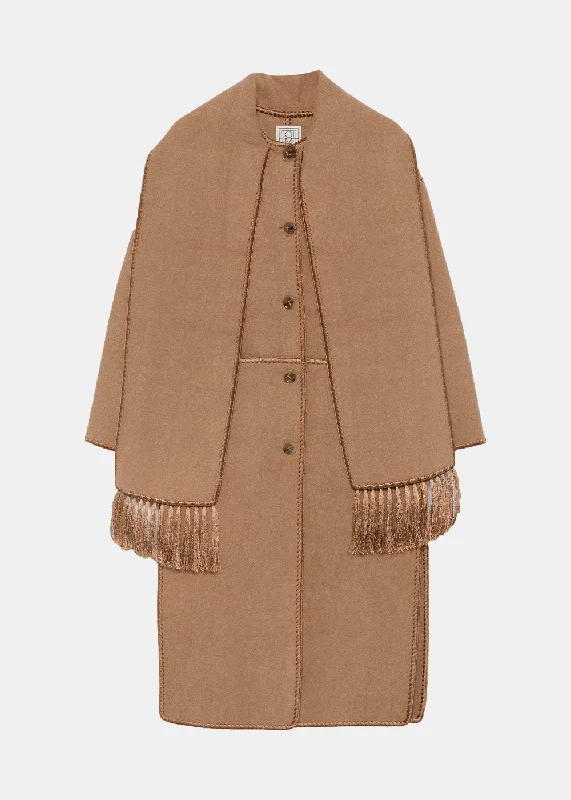 Camel Embroidered Scarf Coat Jersey Tulle Batik