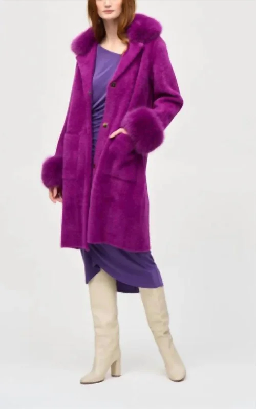 Casual Blend Winter Coat In Magenta Rayon Velvet Corduroy