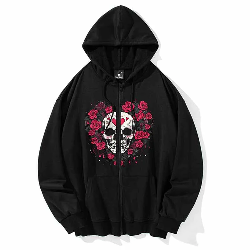 Heart Love Rose Skull Print Hoodie Coat Boat Shawl Notched