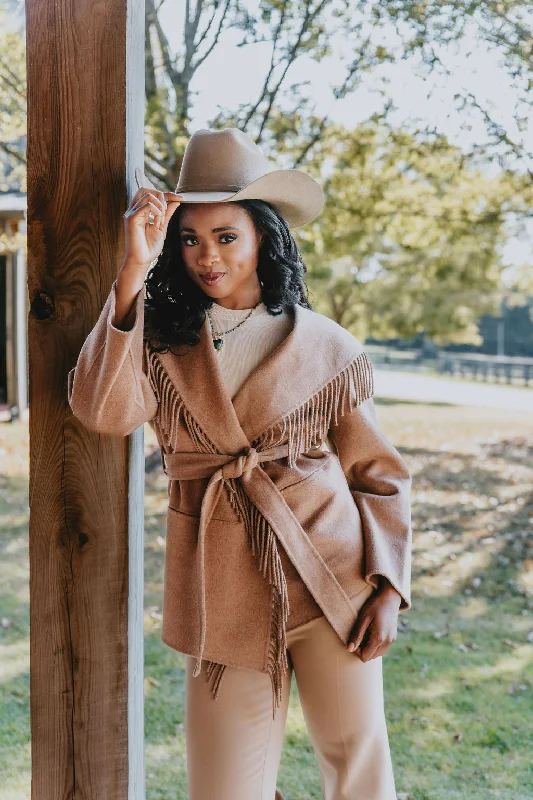 Simkhai Rowen Wool Fringe Coat in Camel Sleeveless Short Sleeve Long Sleeve