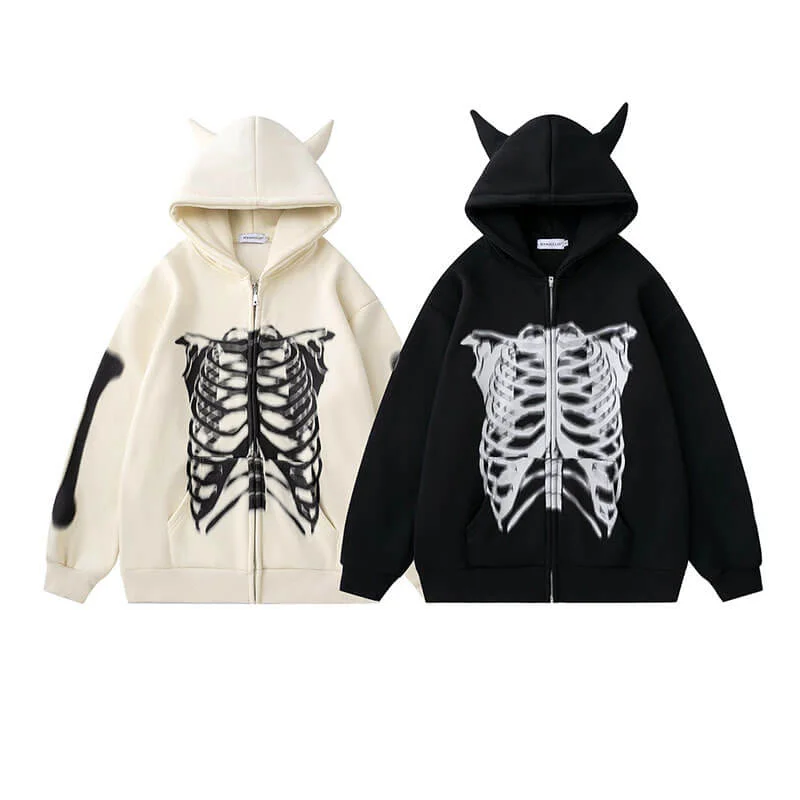 Skull Body Personalized Hoodie Coat Square Neck One-Shoulder Off-the-Shoulder