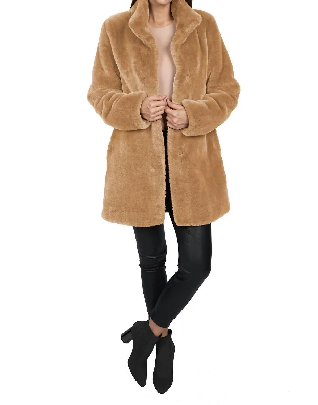 Rory Faux Fur Coat In Camel Crew Neck V-Neck Boat Neck