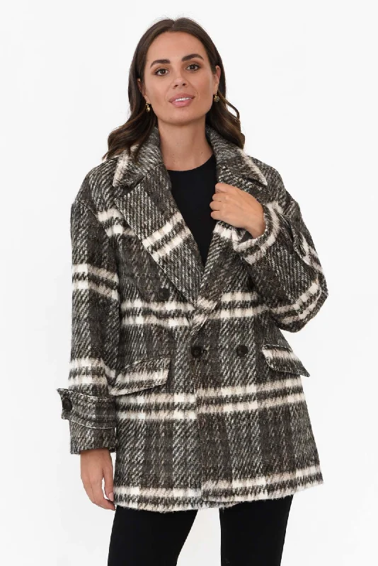 Songbird Charcoal Check Oversized Short Coat Rayon Velvet Corduroy