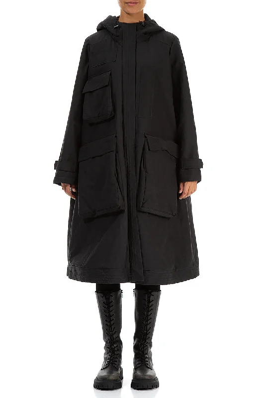 Hooded Black Cotton Coat Front Pockets Side Pockets Patch Pockets