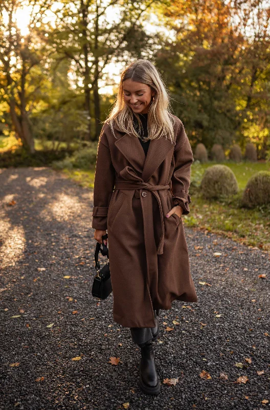 Chocolate Maddy Coat Hook-and-Loop Buckled Tied