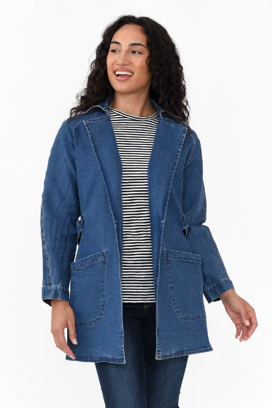 Brynn Blue Denim Tie Coat Square Neck One-Shoulder Off-the-Shoulder