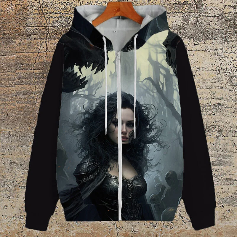 Gothic Female Beauty Polyester Hoodie Coat Tie-Waist Belted Drawstring