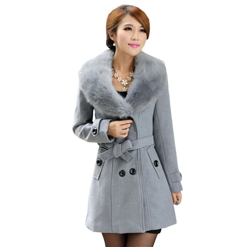 Plus Size M-5XL Coat Women Fashion Slim Big Fur Collar Double-Breasted Womens Wool Blended AE-ME-168 Stole Shawl Scarf