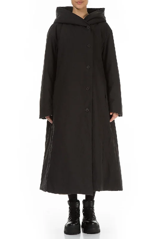 Flared Hooded Black Cotton Coat Embroidered Appliqued Beaded