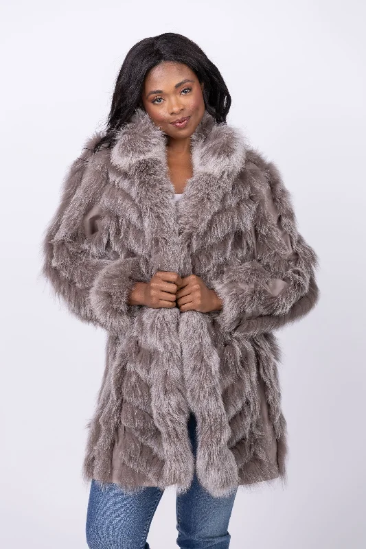 Linda Richards 35” Genuine Fox Fur Reversible Coat in Stone Mesh Canvas Denim