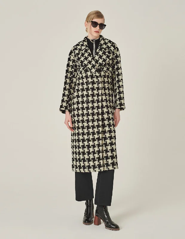 MARYLING Houndstooth Print H-Line Coat Hooded Jacket Zipper Jacket Button Jacket