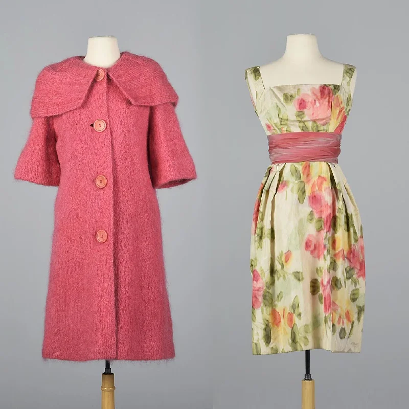 1950s Pink Mohair Coat and Floral 2 Piece Dress Set Solid Print Jacquard