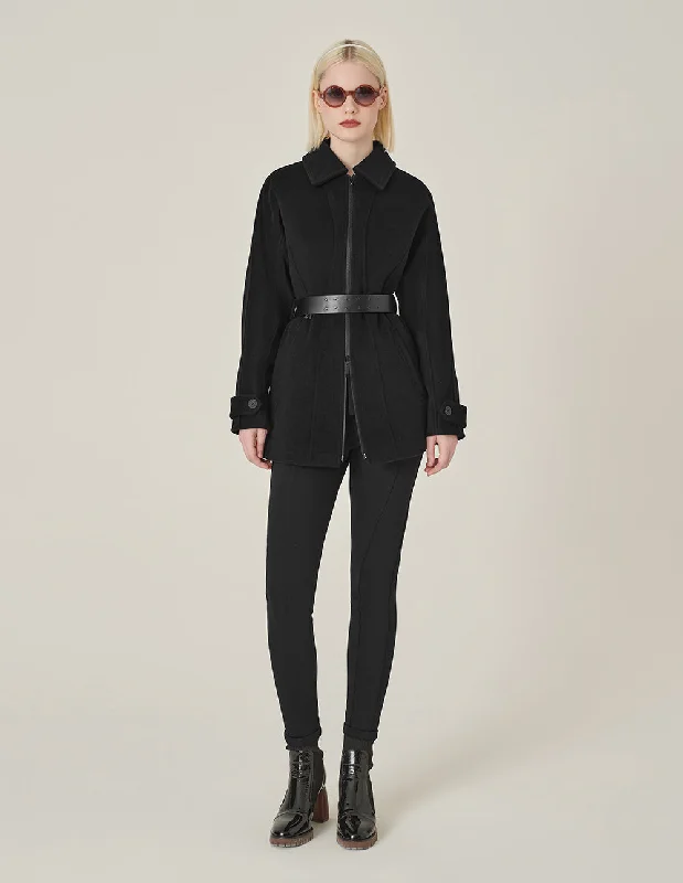 MARYLING Black Lapel Zipper Design Belted Double-Faced Coat Off-the-Shoulder Jacket Double-Breasted Coat Single-Breasted Coat