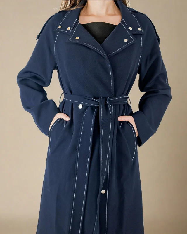 Nola Women Navy Blue Belted Coat - Oversized Trench Coat Pleated Ruffled tiered