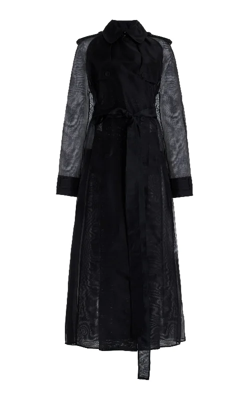 Eithne Sheer Trench Coat in Black Silk Organza Print Jacquard Embroidered