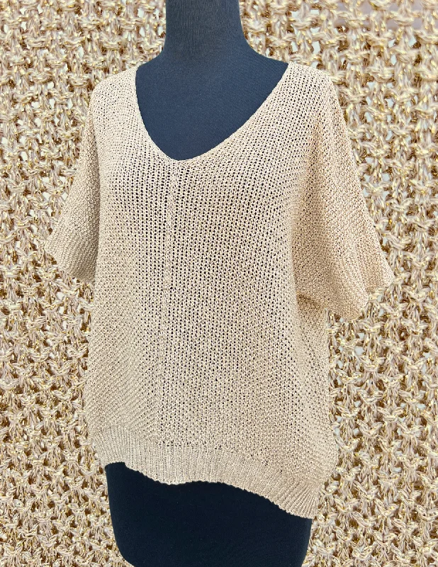 Gold Metallic Open Knit Top Short Sleeve Knit Top