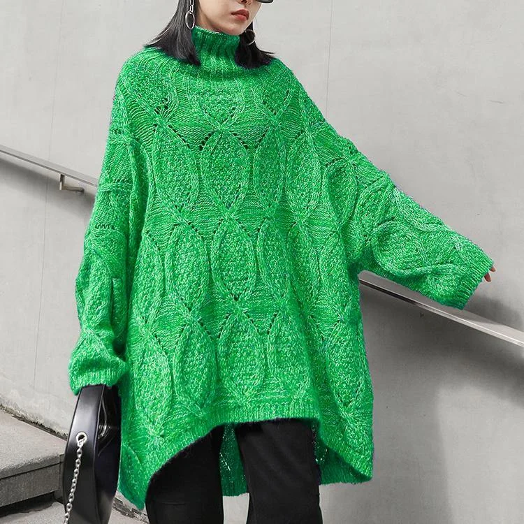 Cozy green knitwear plus size high neck low high design knit top silhouette Turtle Neck Knit Top