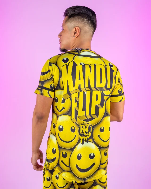 Kandi Flip Yellow Smiley Faces Everywhere Baseball Jersey Linen Jersey Top