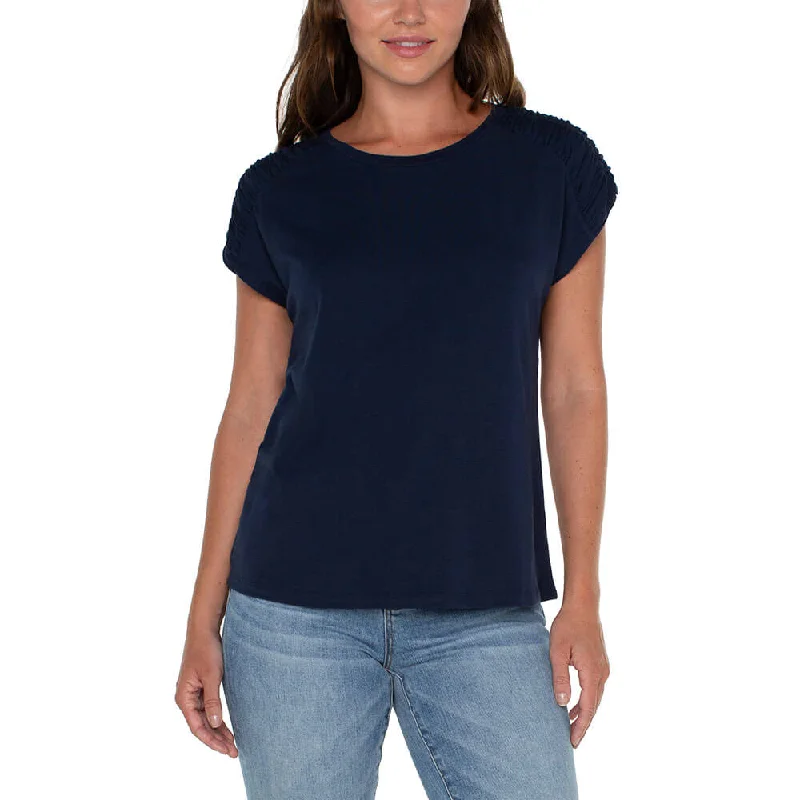 Liverpool Smocked Shoulder Scoop Neck Raglan Knit Top - Dark Navy Dark Color Knit Blouse