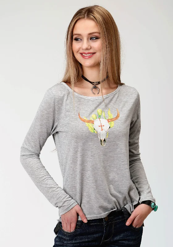 WOMENS GREY WITH SCREEN PRINT KNIT TOP Solid Color Knit Top