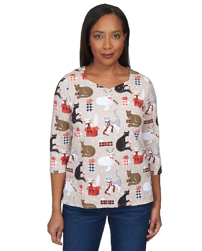 Alfred Dunner Cats & Christmas Key Item Knit Top Eco-Friendly Knit Top