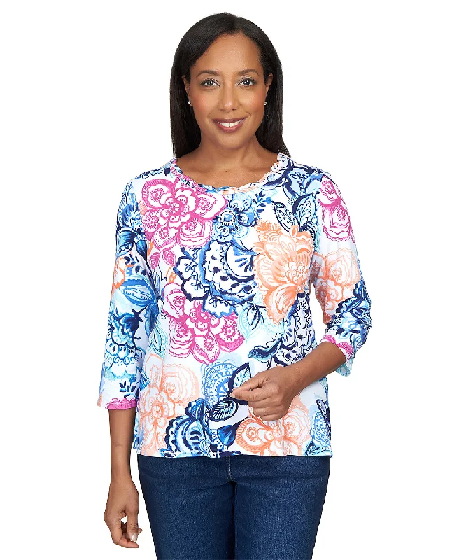 Alfred Dunner Key Item Batik Floral Knit Top Budget-Friendly Knit Tee