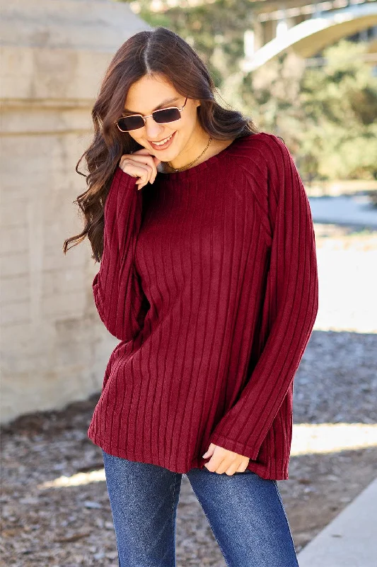 Basic Bae Full Size Ribbed Round Neck Long Sleeve Knit Top Linen Knit Blouse