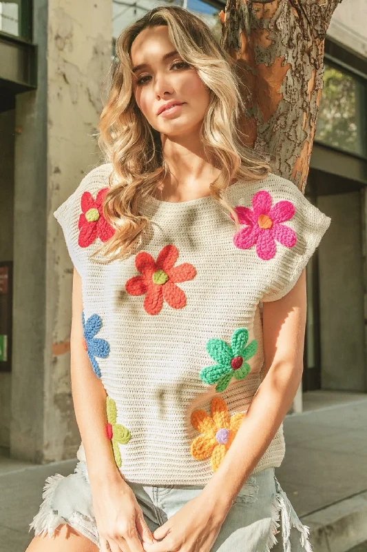 BiBi Flower Round Neck Cap Sleeve Knit Top Retro Knit Shirt