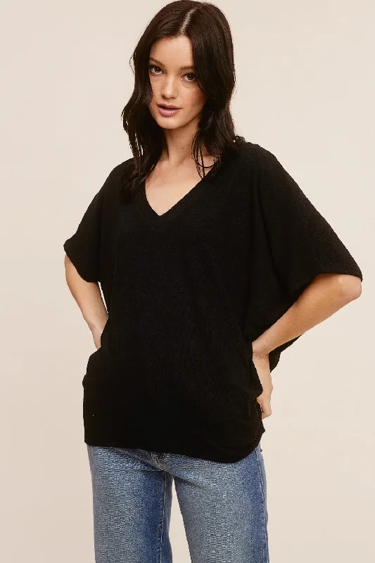 Black V-Neck Crepe Knit Top Chic Knit Top