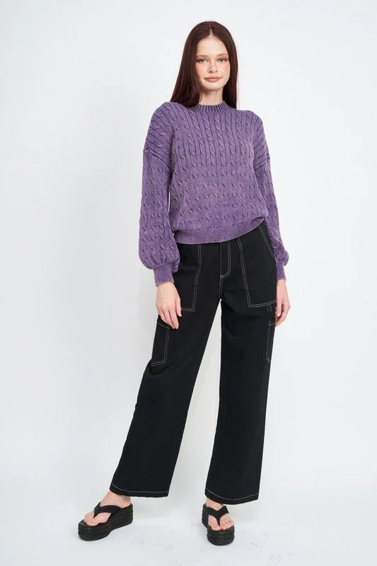 Crew Neck Cable Knit Top with Bubble Sleeves Pastel Knit Top