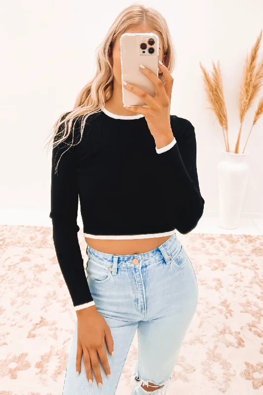 Charis Ribbed Crop Long Sleeve Contrast Knit Top Halter Neck Knit Tee