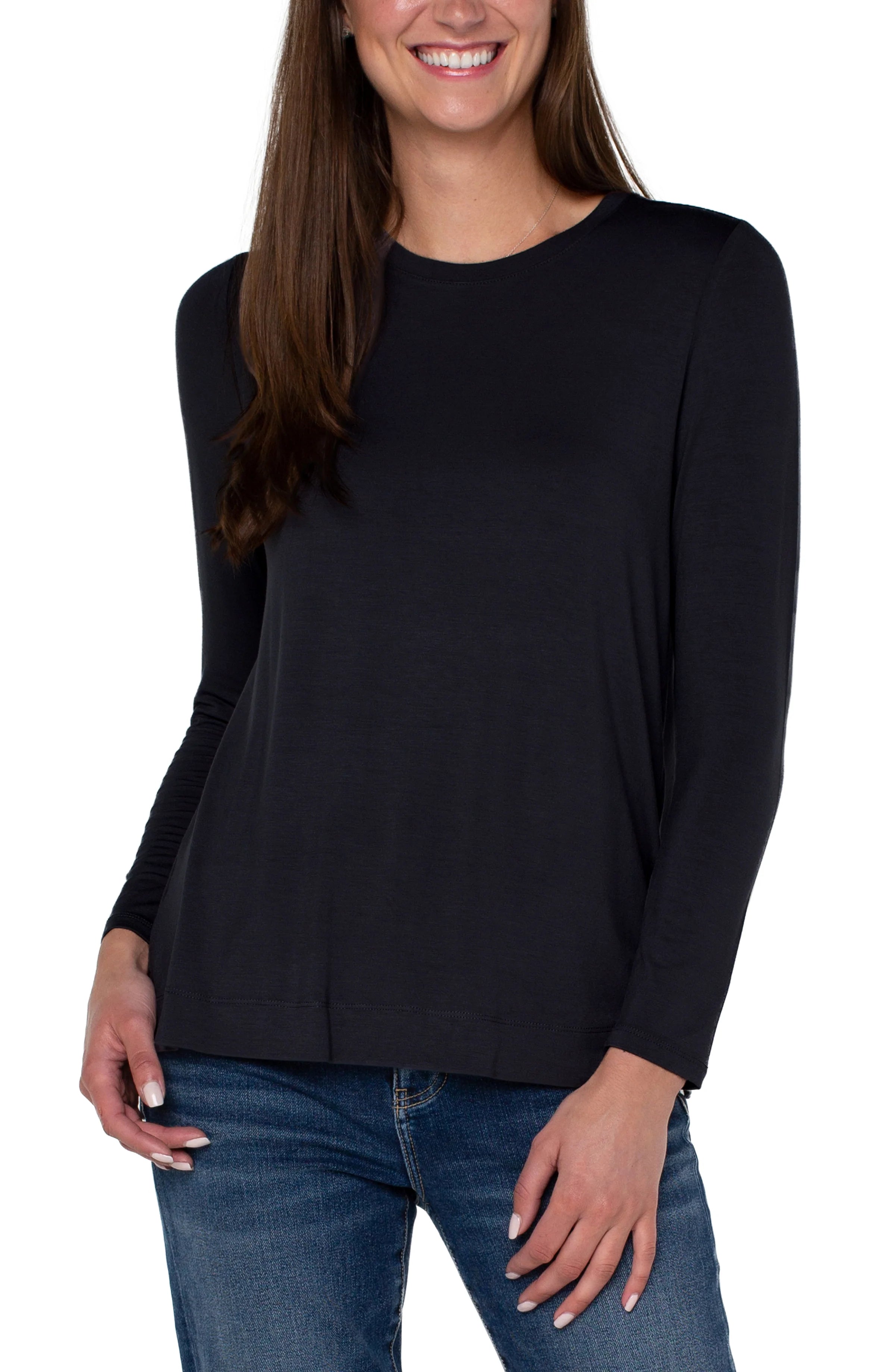 Liverpool Long Sleeve Scoop Neck Knit Top Black Designer Knit Top