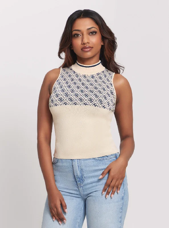 Cream Blue Logo Lise Knit Top Gold Knit Top