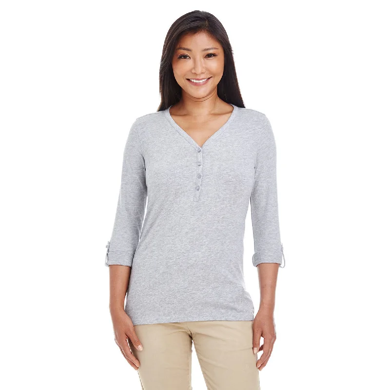 Devon & Jones Women's Grey Heather Perfect Fit Y-Placket Convertible Sleeve Knit Top Hemp Knit Blouse