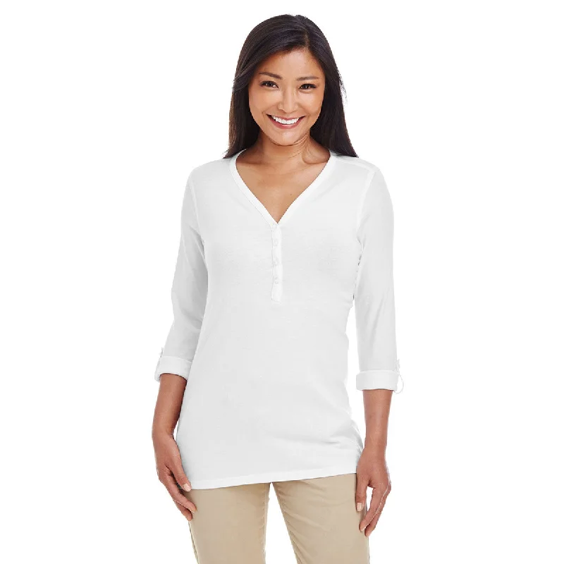 Devon & Jones Women's White Perfect Fit Y-Placket Convertible Sleeve Knit Top Recycled Knit Tee